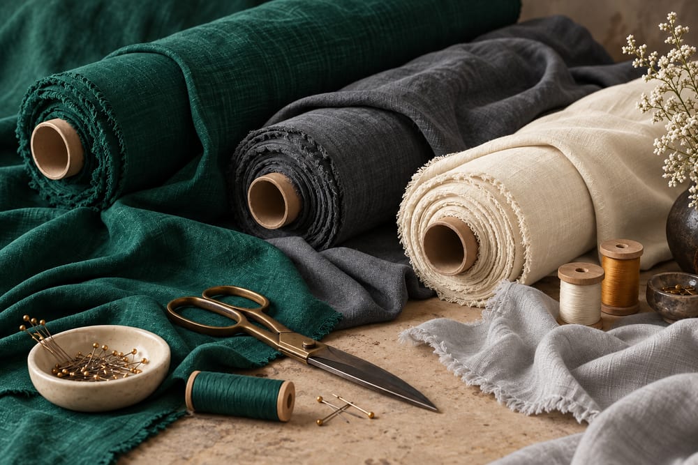 A close view of fabrics and textile equipment